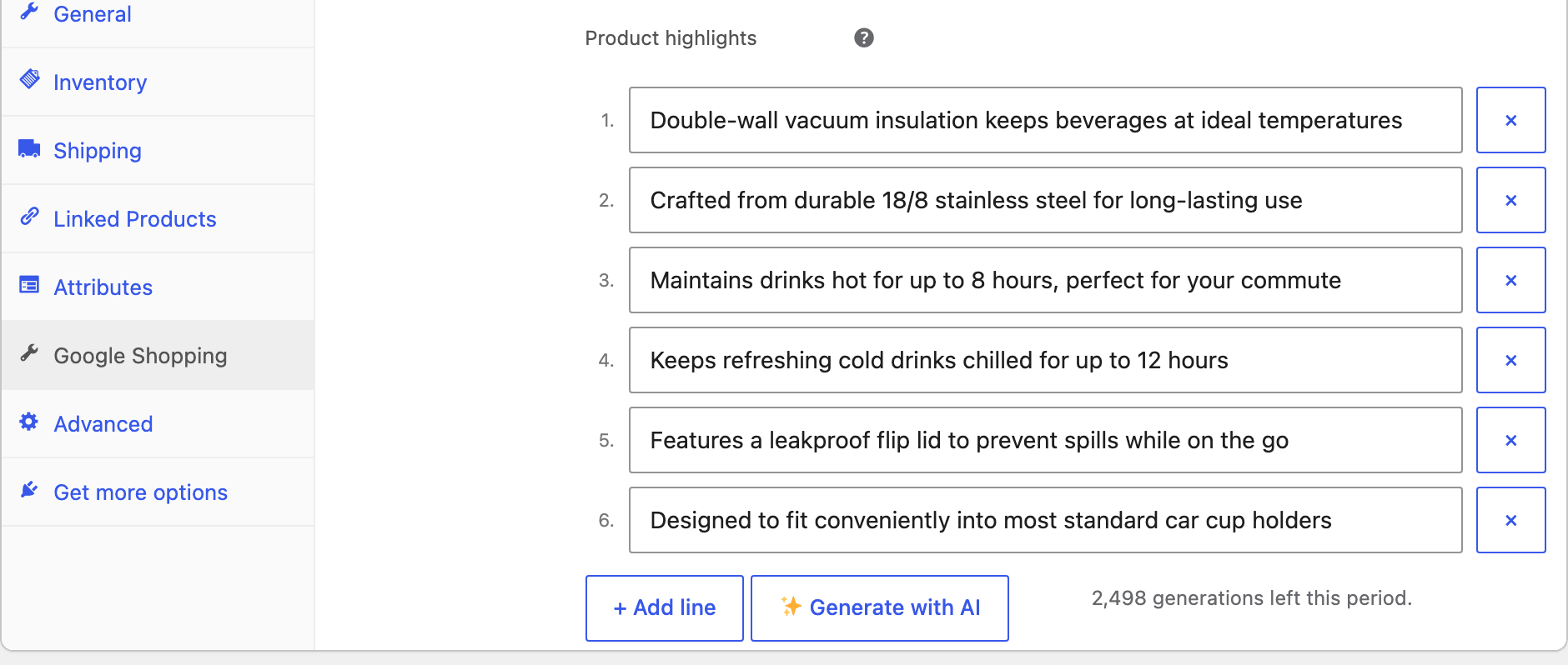 WooCommerce product editor with the Google Shopping tab open, showing six AI-generated product highlights as numbered rows with a remove button on each — lines like 'Double-wall vacuum insulation keeps beverages at ideal temperatures' and 'Keeps refreshing cold drinks chilled for up to 12 hours' — above an 'Add line' and a 'Generate with AI' button.