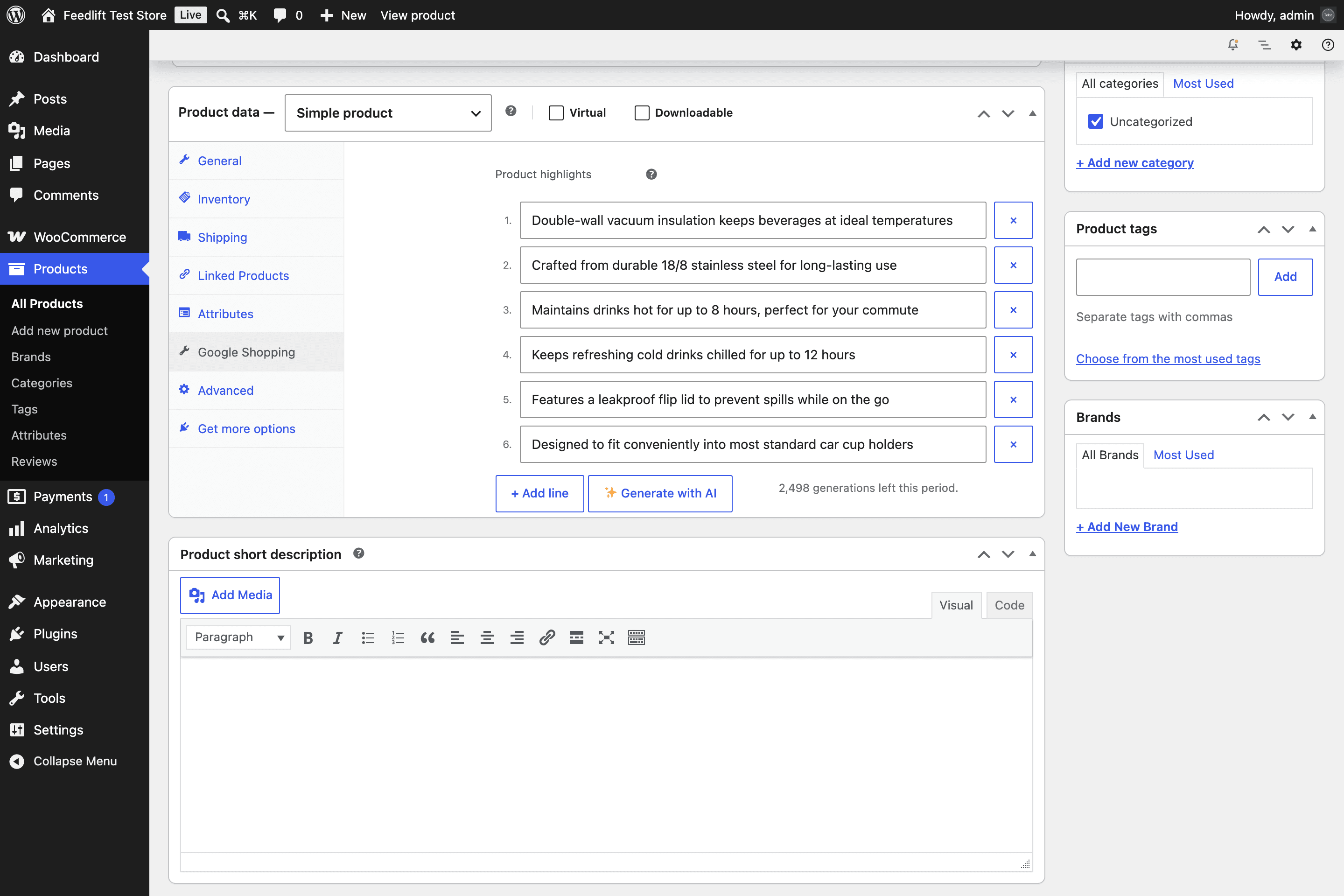WooCommerce product editor with the Feedlift Google Shopping tab open, showing six generated product highlights as numbered rows, each with a remove button, above the Add line and Generate with AI buttons and a remaining-quota notice