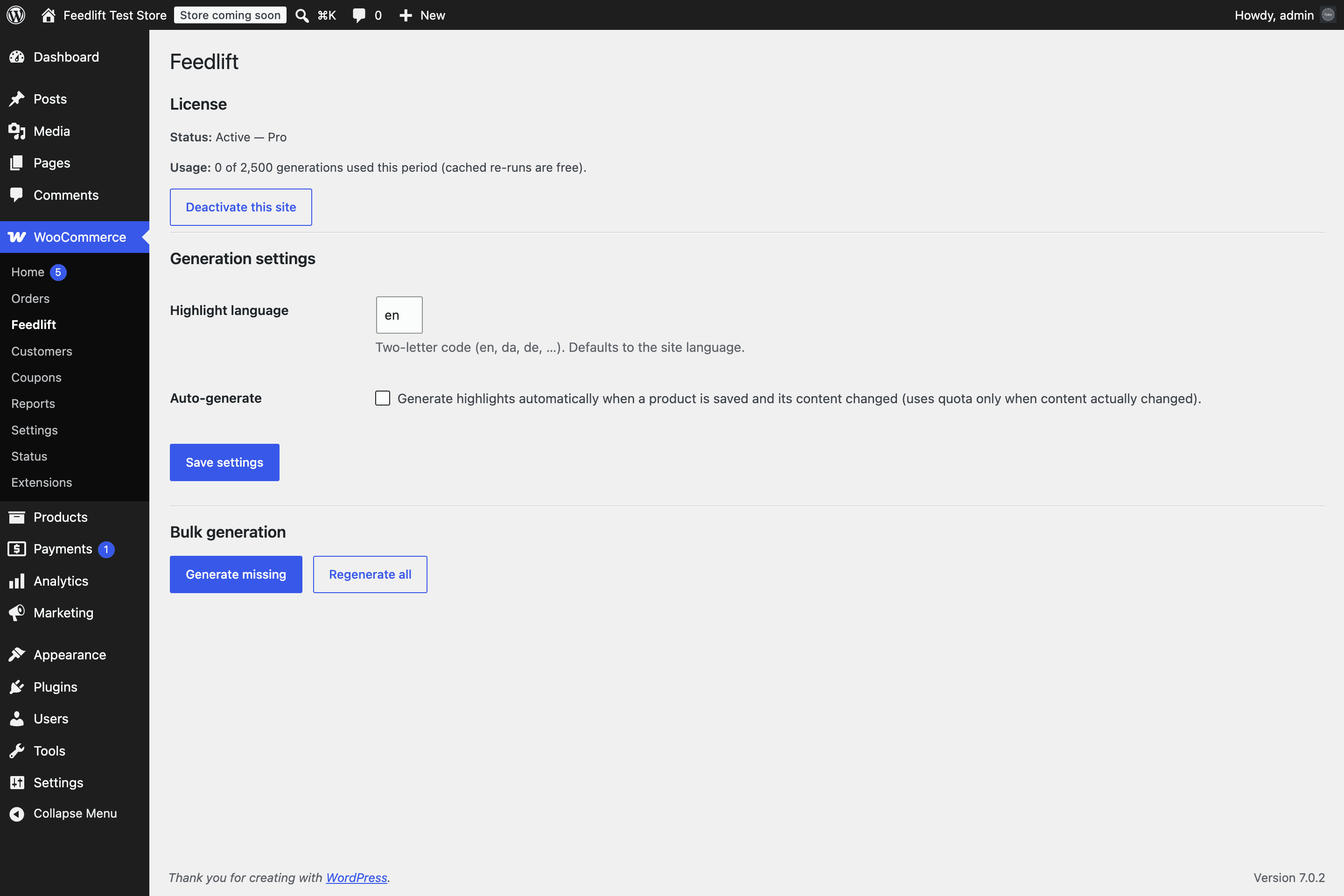 Feedlift settings page in wp-admin showing an active Pro license, usage meter, generation settings and bulk generation buttons